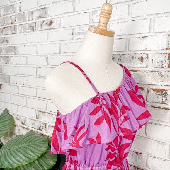 Purple & Red Floral Print One Shoulder Ruffle Cotton Blend Midi Dress S - Picture 5 of 10